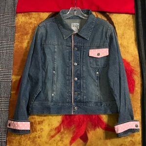 TIE ONE ON N.Y.-blue cotton denim w/polka dot long sleeve button-up jean jacket